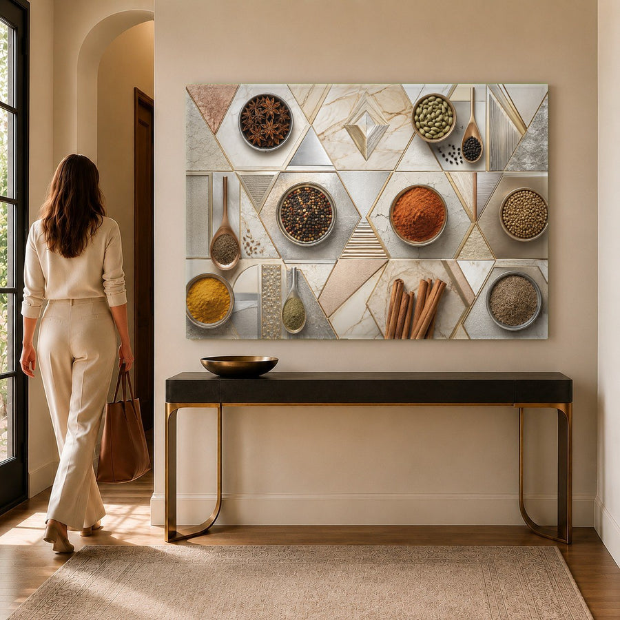 Rustic culinary spice print on tempered glass styled in a country-style dining room.