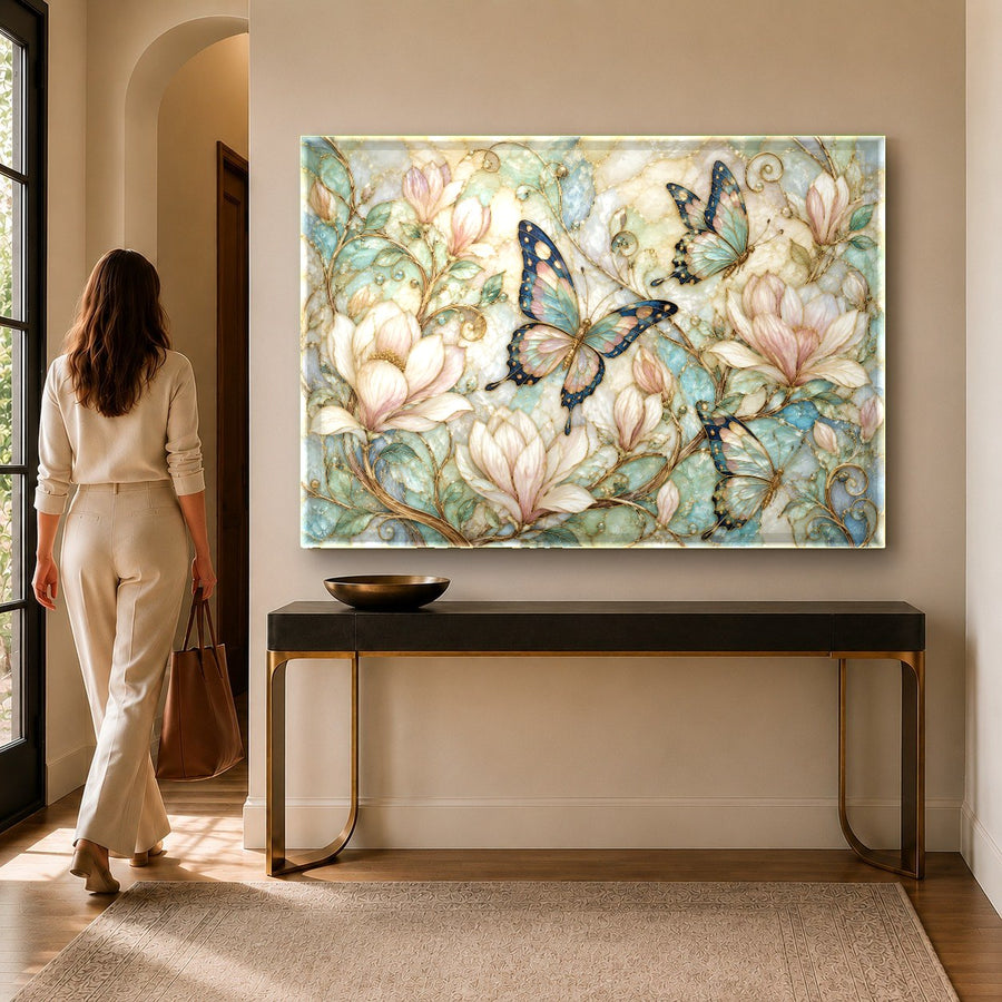 A close-up angle of the glossy tempered glass art showcasing vibrant gold details in a luxurious master bedroom.