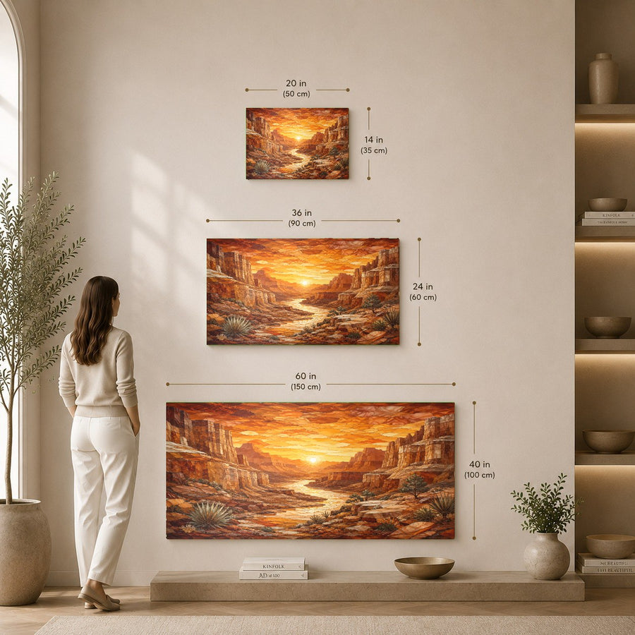 Cozy bedroom interior with a sunset-themed tempered glass print hanging securely above a dark wood headboard.