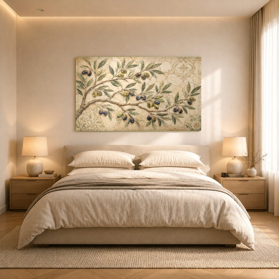 Wide angle view of olive grove glass print in a transitional bedroom interior