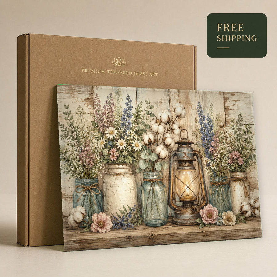 Frameless rustic glass art print hanging on a brick wall in a chic loft-style country kitchen.