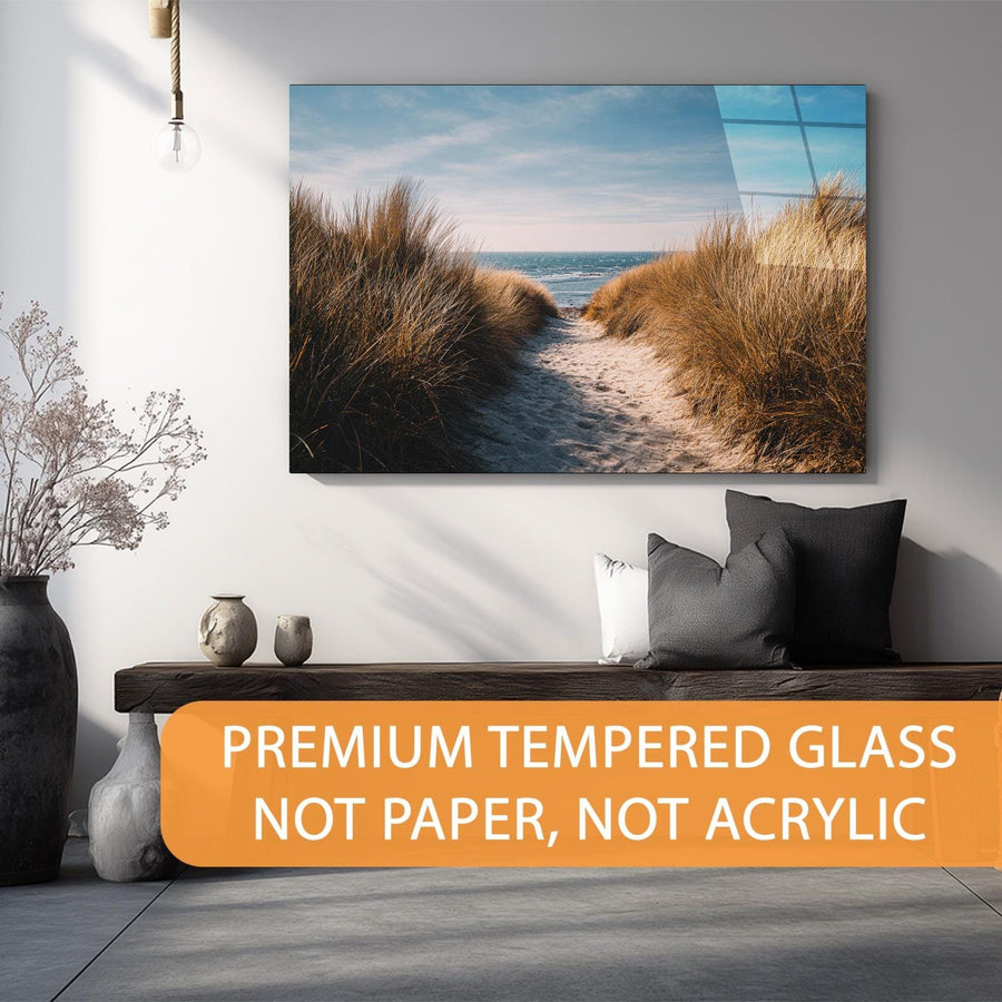 Wall art of a beach scene with text about premium tempered glass