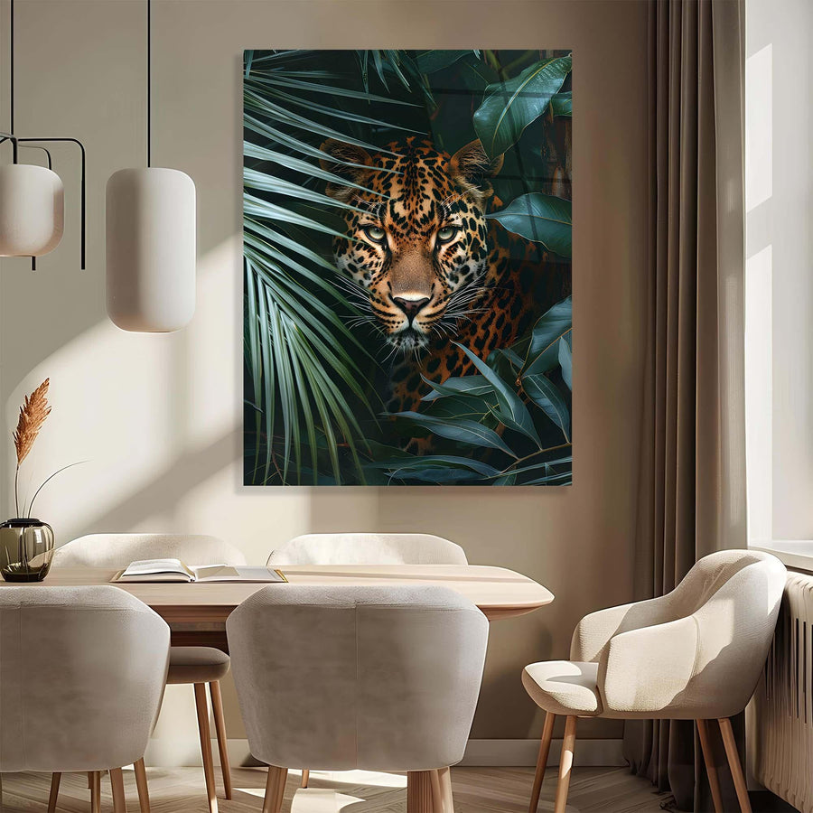 Dining room with a large canvas print of a leopard among leaves on the wall.