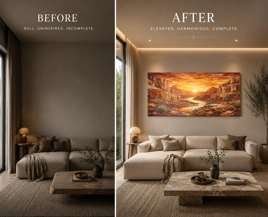 Side angle of a large Canyon Sunset glass artwork hanging on a textured concrete wall in a contemporary office.