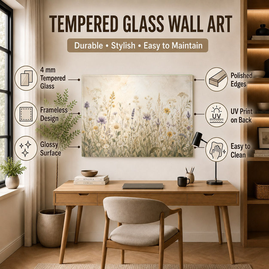 Vibrant wildflower glass artwork creating a welcoming atmosphere in a contemporary dining room.
