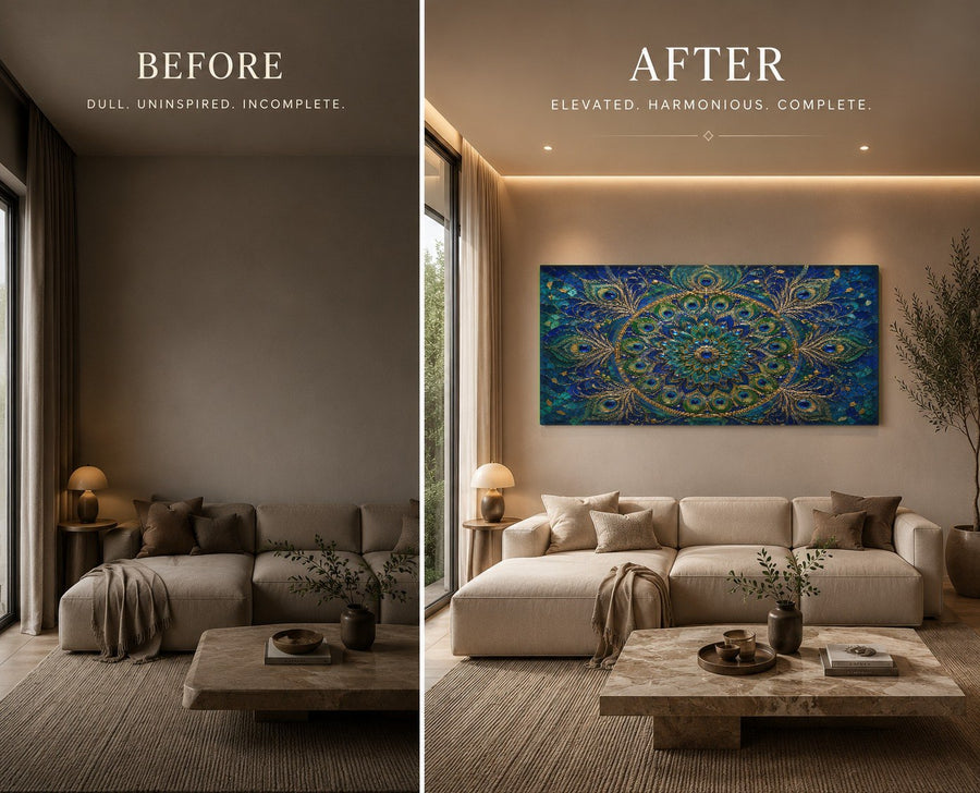 A luxury spa reception area featuring the Peacock Mandala tempered glass art on a textured slate wall.