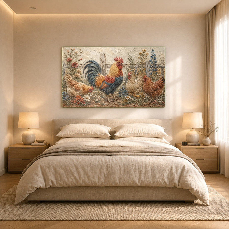 Rustic kitchen decor featuring vibrant rooster tempered glass wall art