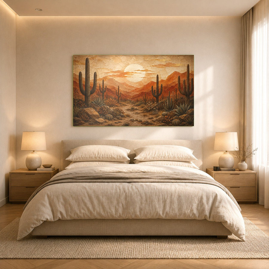 Vibrant desert sunset glass print showcasing the glossy, light-reflecting surface in a bright, open-concept hallway.