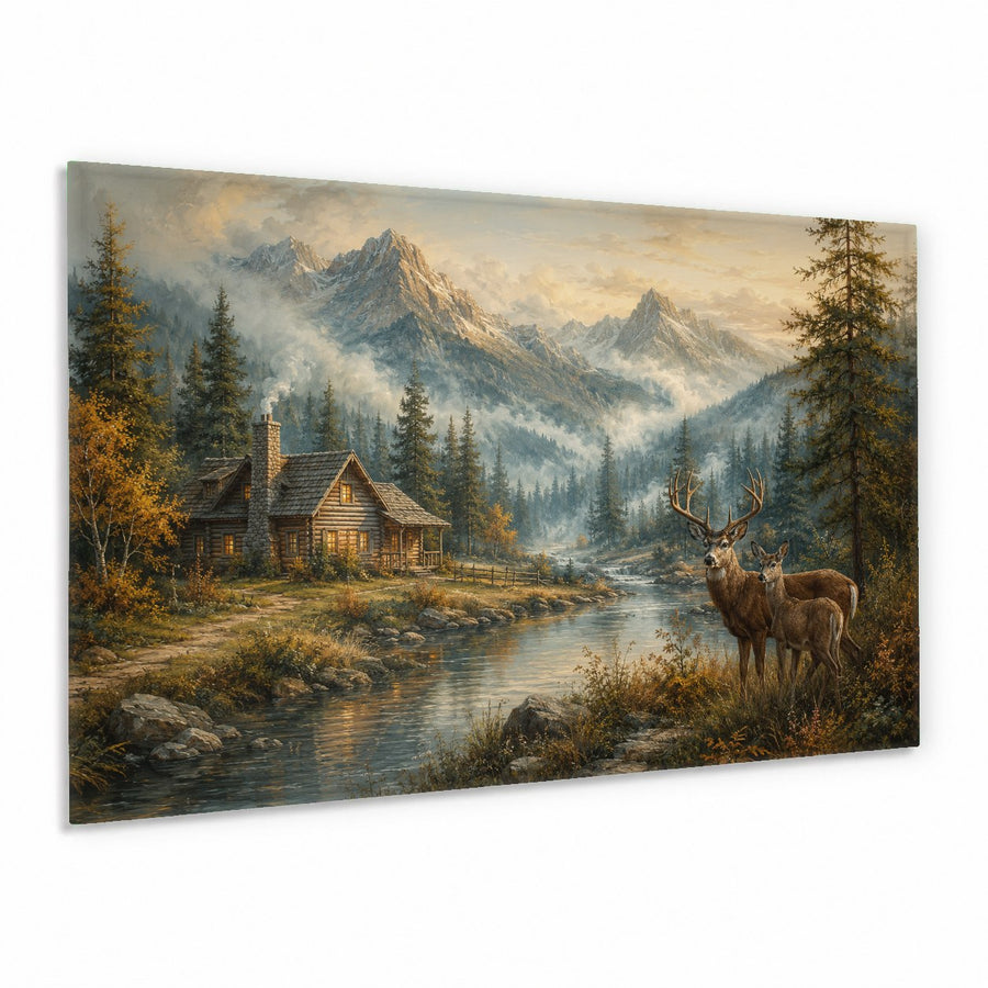 Mountain Lake glass wall art hanging above a beige sofa in a modern rustic living room with wooden accents.