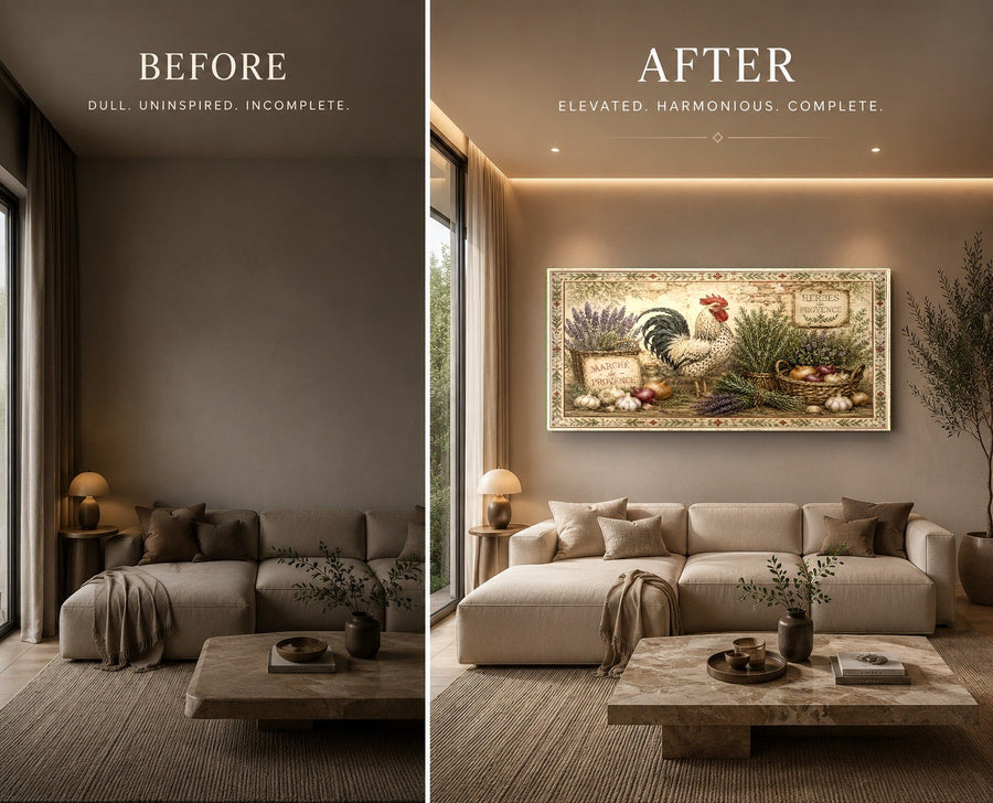 Rustic rooster wall art featured in a cozy living room interior design mockup