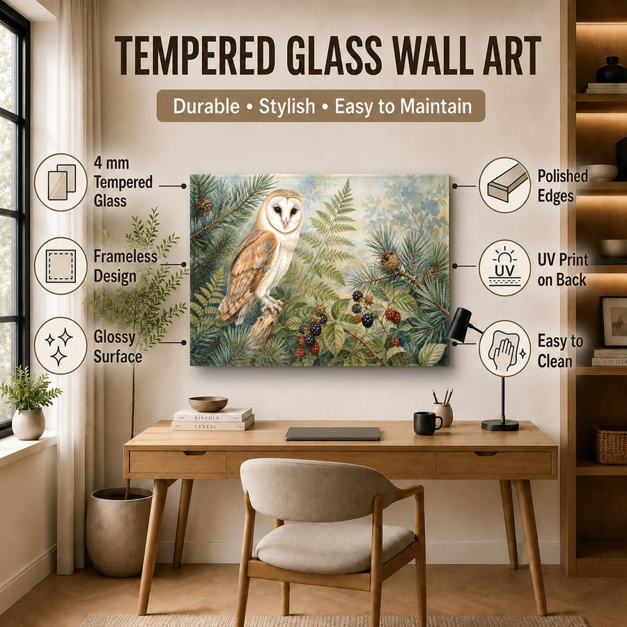 Large format owl forest glass print showcased in a luxury hotel lobby interior design