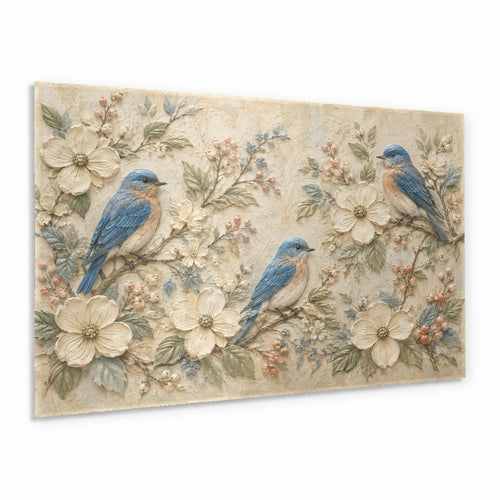 Blue bird glass wall art hanging above a modern living room sofa