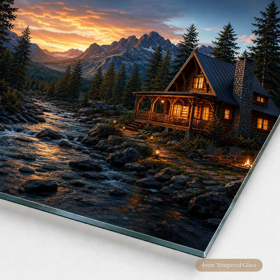 A rectangular tempered glass panel, labeled '4mm Tempered Glass' in a beige badge, is shown at an angle on a white background. The glass features a full-color photographic print of a mountain cabin, pine trees, and a rushing stream at sunset.