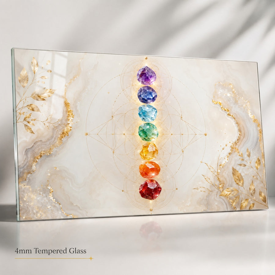 A rectangular clear glass plaque featuring a chakra design with seven faceted gemstones in vertical alignment, surrounded by gold geometric lines and gold leaf accents on a white marbled background. The text '4mm Tempered Glass' appears in the lower-left corner.