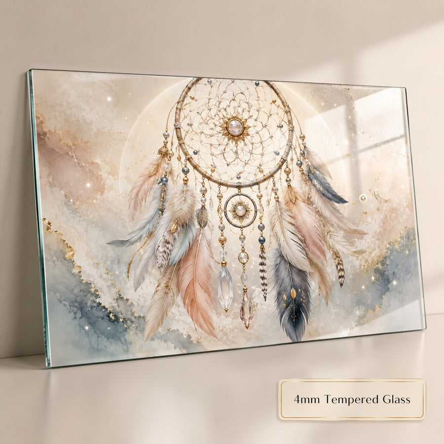 A rectangular glass wall mirror featuring a dreamcatcher design, shown leaning against a beige wall on a light surface. The mirror has a 4mm tempered glass edge, and a label in the bottom right corner reads '4mm Tempered Glass'.