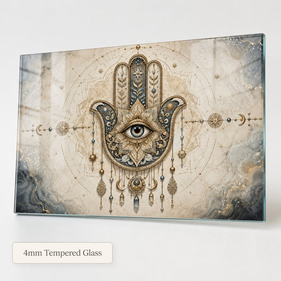 A rectangular framed art print on 4mm tempered glass featuring a detailed Hamsa hand with an all-seeing eye, ornate gold and blue-gray embellishments, and celestial motifs on a textured beige background. A label at the bottom left reads '4mm Tempered Glass'.