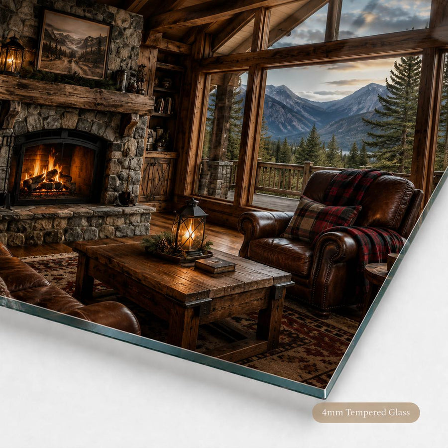 A framed or glass wall art print showing a rustic mountain cabin interior with a stone fireplace, wood coffee table, leather armchair, and large windows overlooking mountains, displayed on a white background with a 4mm tempered glass label.