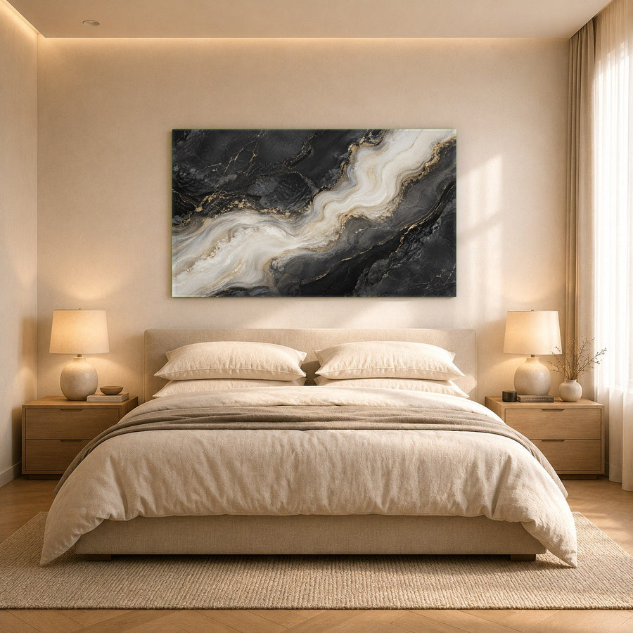 A cozy reading nook with Marble Smoke wall art styled over a sleek leather armchair.