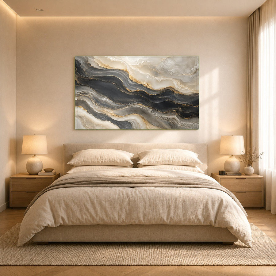 Overhead angle showcasing Golden Onyx Glass Wall Art installation in a designer interior