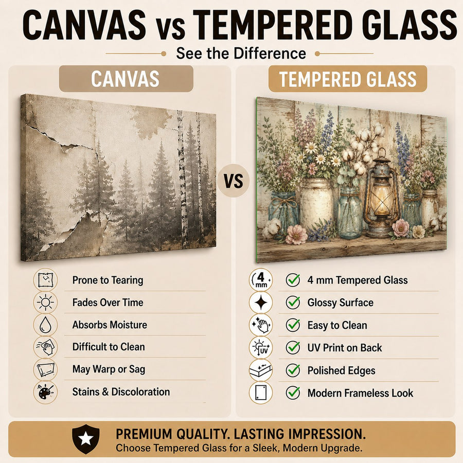 A beautiful rustic barn window glass print adding a touch of nature to a warm modern office reception area.