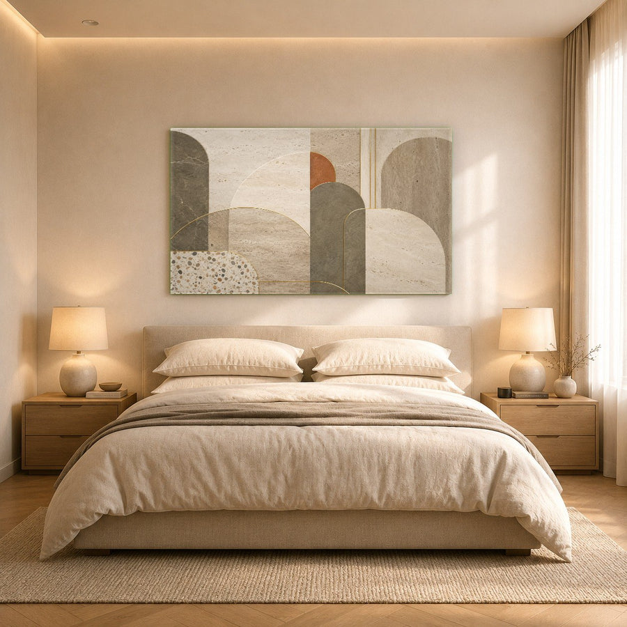 Vibrant jade and gold abstract glass print mounted in a luxury hotel lobby, reflecting soft warm lighting.