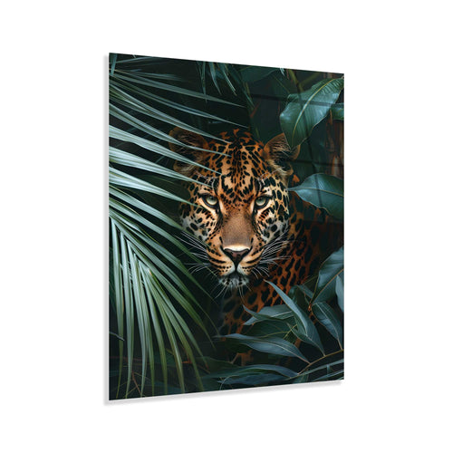 Leopard peeking through tropical leaves on a white background