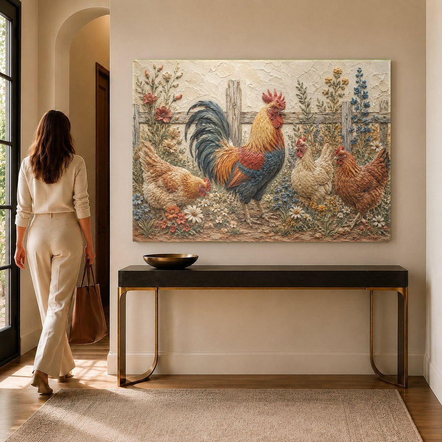 Farmhouse rooster tempered glass print displayed above a dining room table