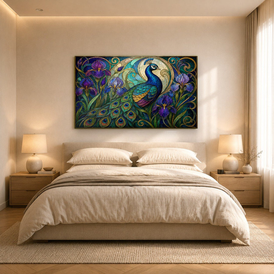 Iris Peacock Glass Wall Art hanging in a serene spa relaxation room with neutral decor