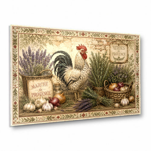 French Country Rooster Glass Wall Art hanging above a rustic dining room table