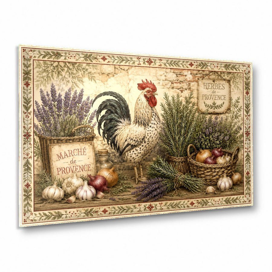 French Country Rooster Glass Wall Art hanging above a rustic dining room table