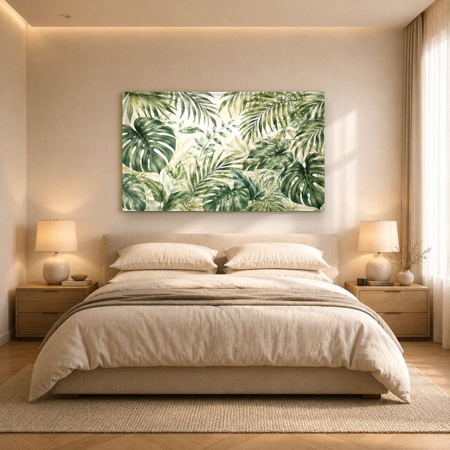 Tropical rainforest glass artwork mounted in a contemporary commercial lounge area with plush emerald green seating.