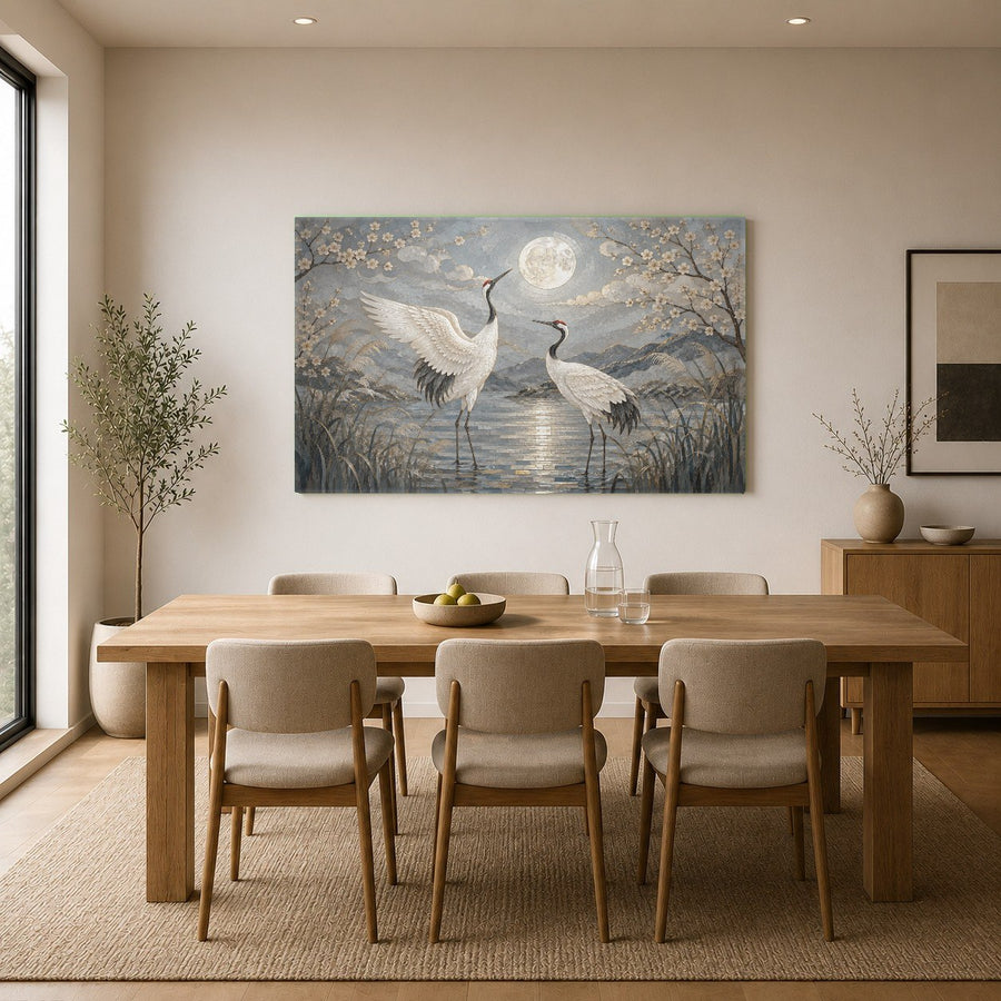 Elegant wetland decor glass print displayed in a tranquil spa bathroom setup with rolled towels and candles.