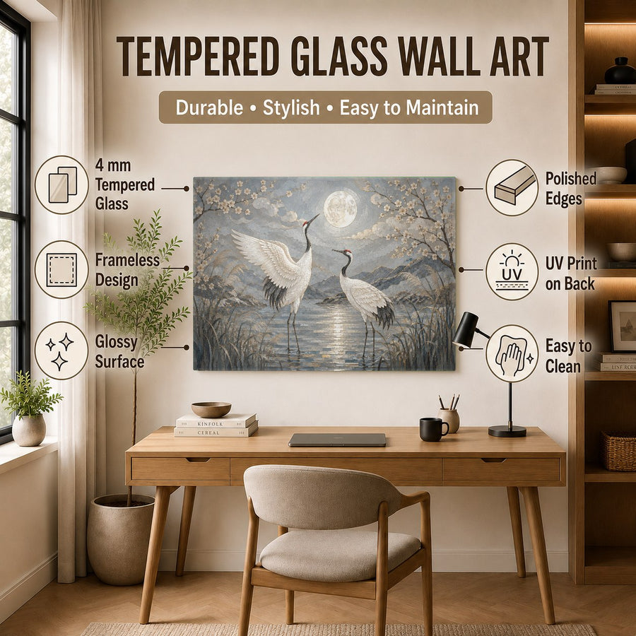 Angled view of the frameless Moonlit Heron glass art in a bright, modern office with a wooden desk.
