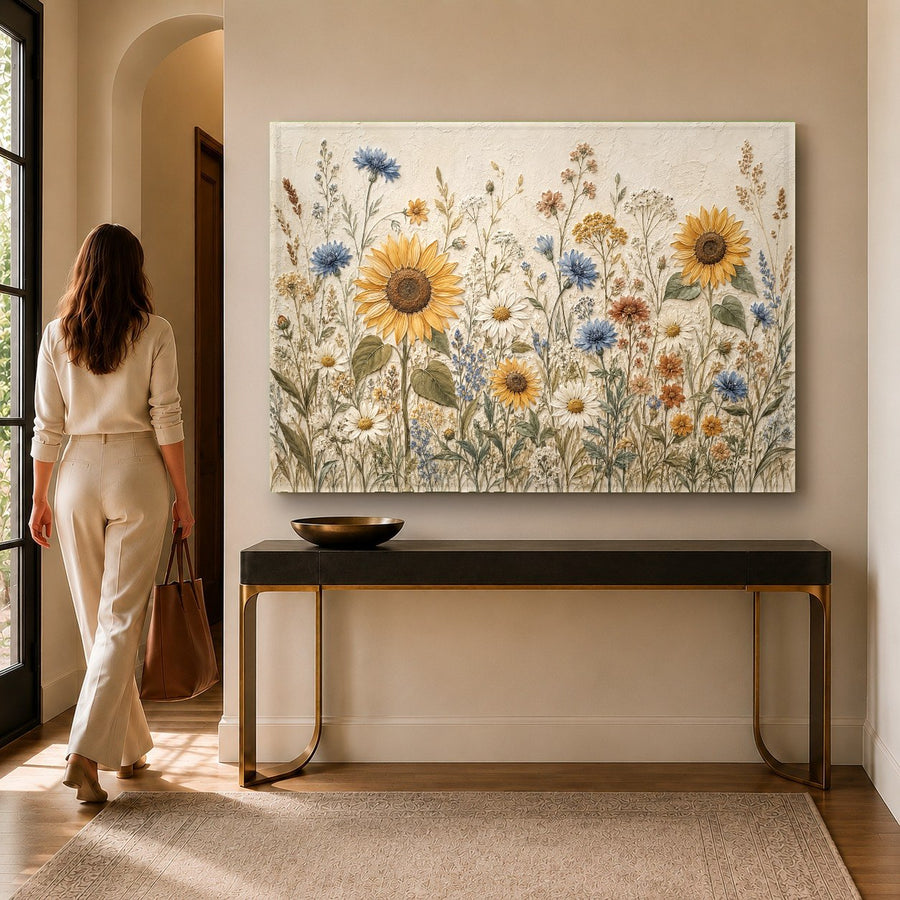 Large floral tempered glass print mounted on a white accent wall in a spacious dining room