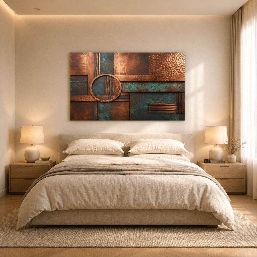 Patina Luxury tempered glass wall decor mounted on a warm neutral wall in a contemporary dining area