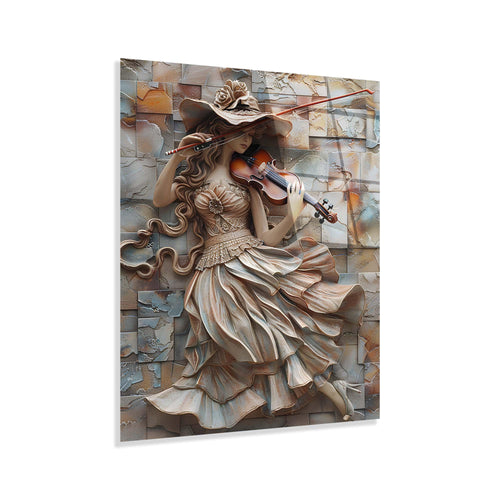 Decorative wall art of a woman playing a violin with a mosaic background