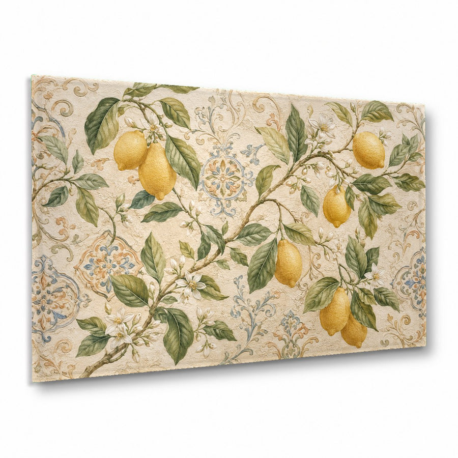 Bright lemon glass wall art hanging in a modern white kitchen above a marble countertop.