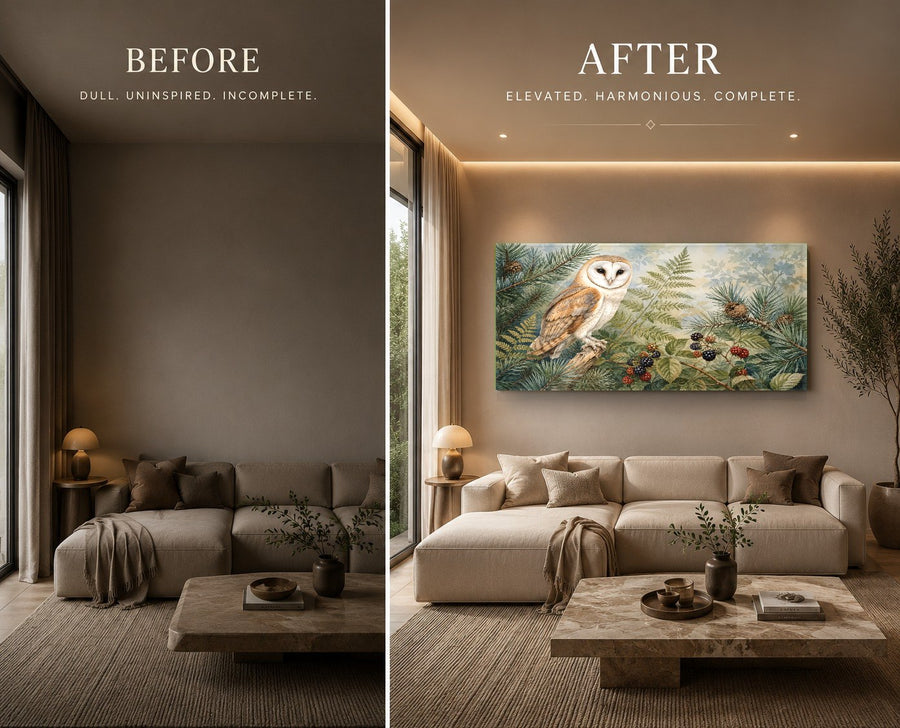 Owl Forest Glass Wall Art displayed in a cozy rustic bedroom with warm bedside lighting