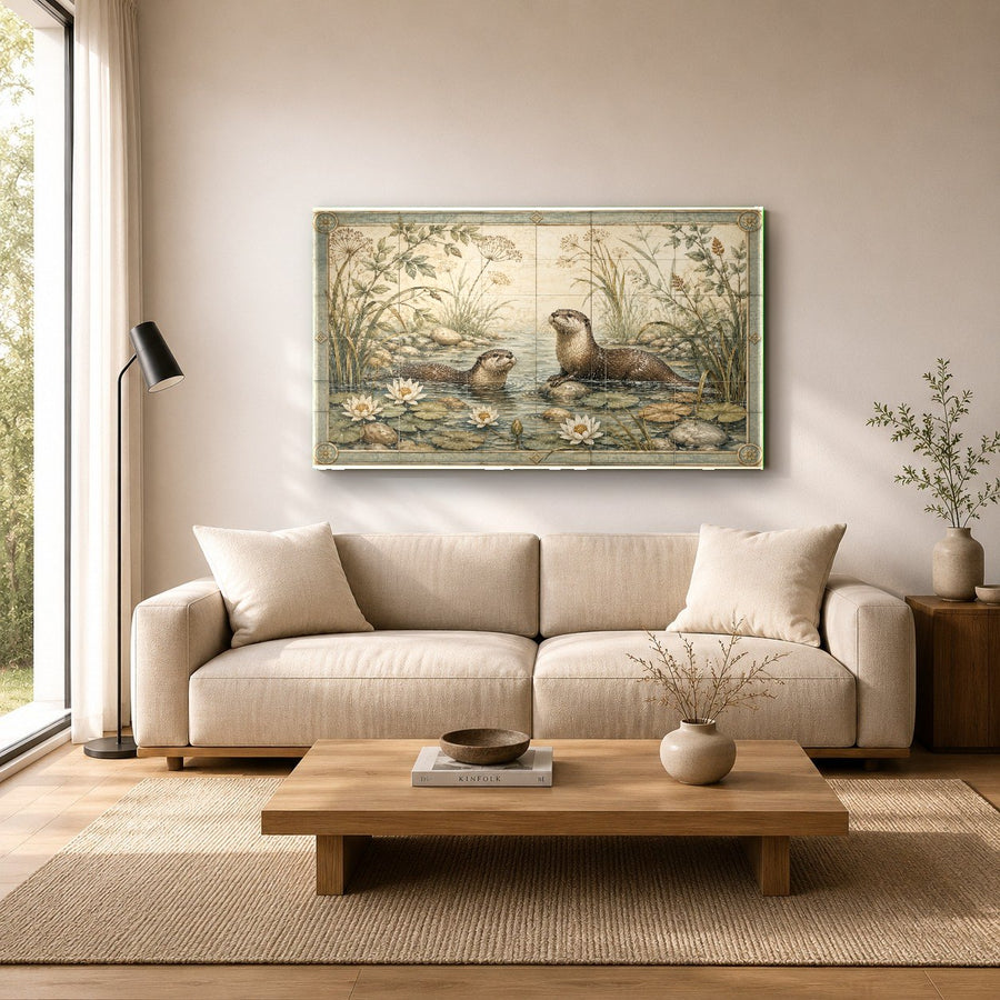 Wild animal wall art hanging on a dark feature wall in a contemporary urban loft