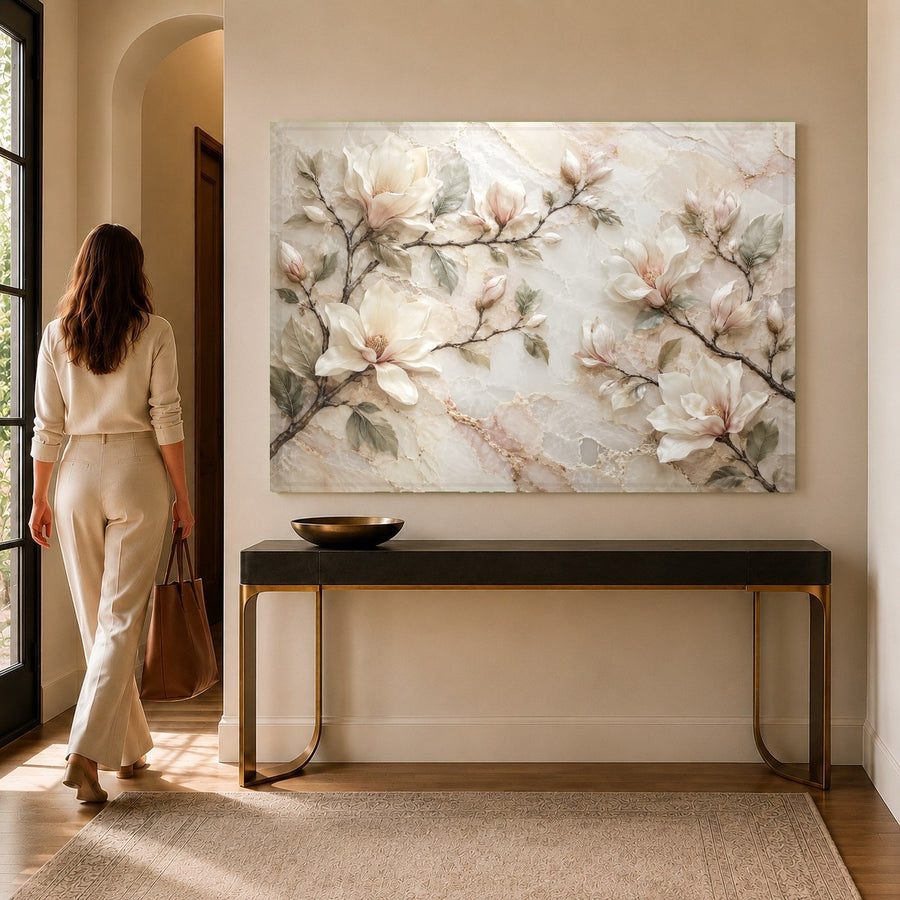 Close-up of the Magnolia Marble Glass Wall Art showing high-gloss surface and metallic details