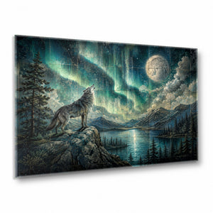 Aurora Wolf Glass Wall Art | Northern Lights Tempered Glass Print