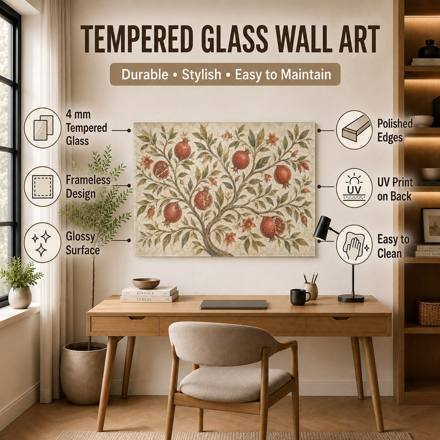 Close-up of the high-gloss, fade-resistant pomegranate botanical print in a bright, contemporary office space.