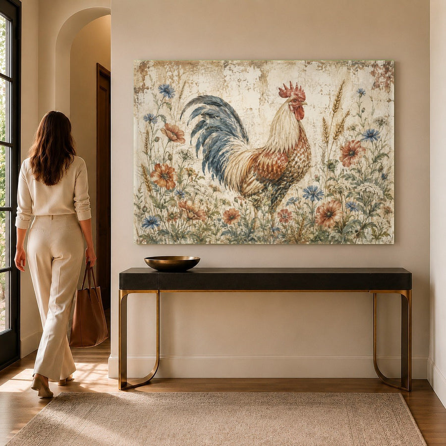 Close-up of a colorful rooster tempered glass print on a white brick wall in a cozy country dining room.