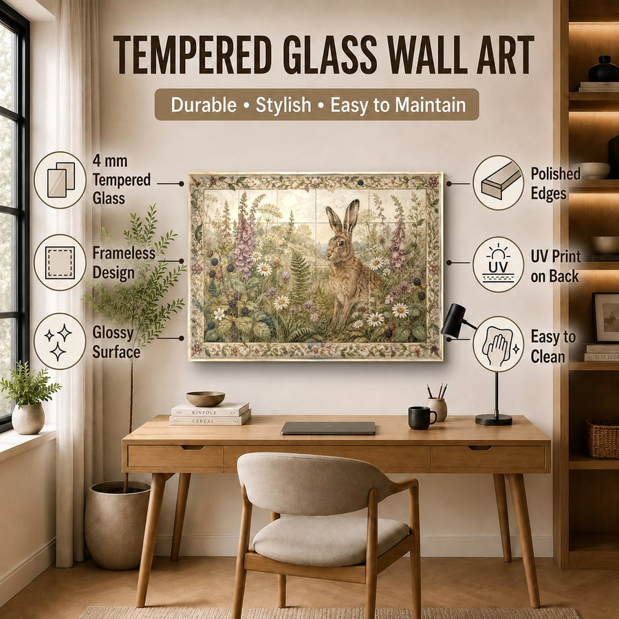 Close-up angle of rabbit tempered glass art showing vibrant glossy detail