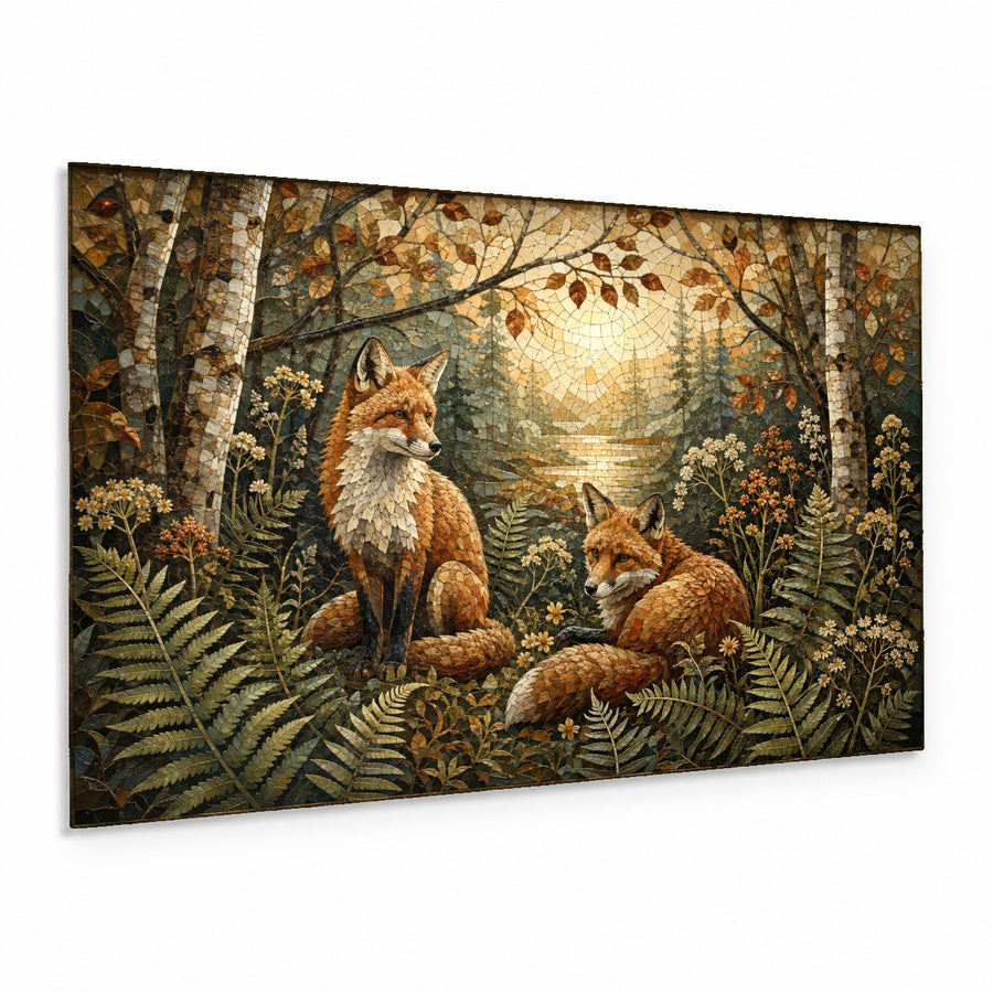 Forest foxes glass wall art mounted above a modern grey sofa in a brightly lit Scandinavian living room.