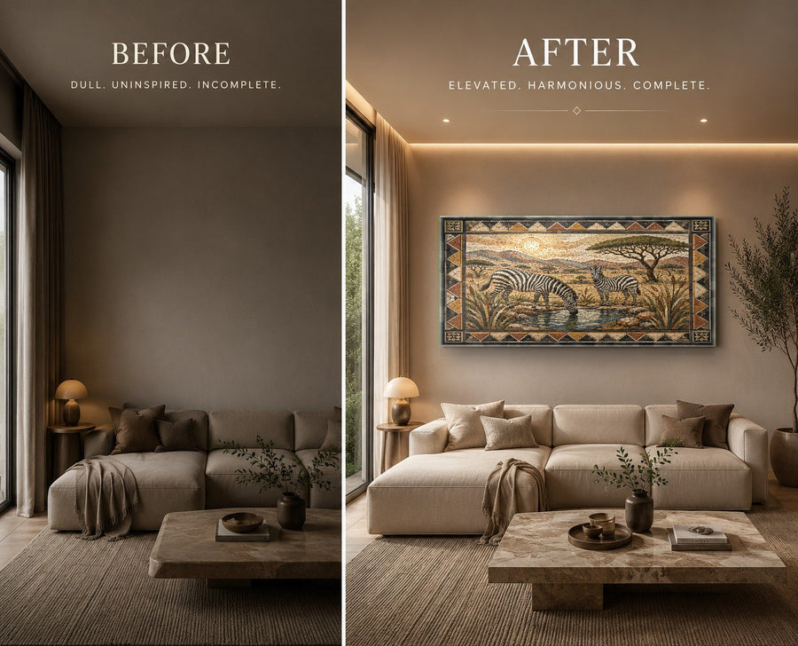 Close-up angle of glossy zebra stripe glass wall decor mounted on a warm textured accent wall