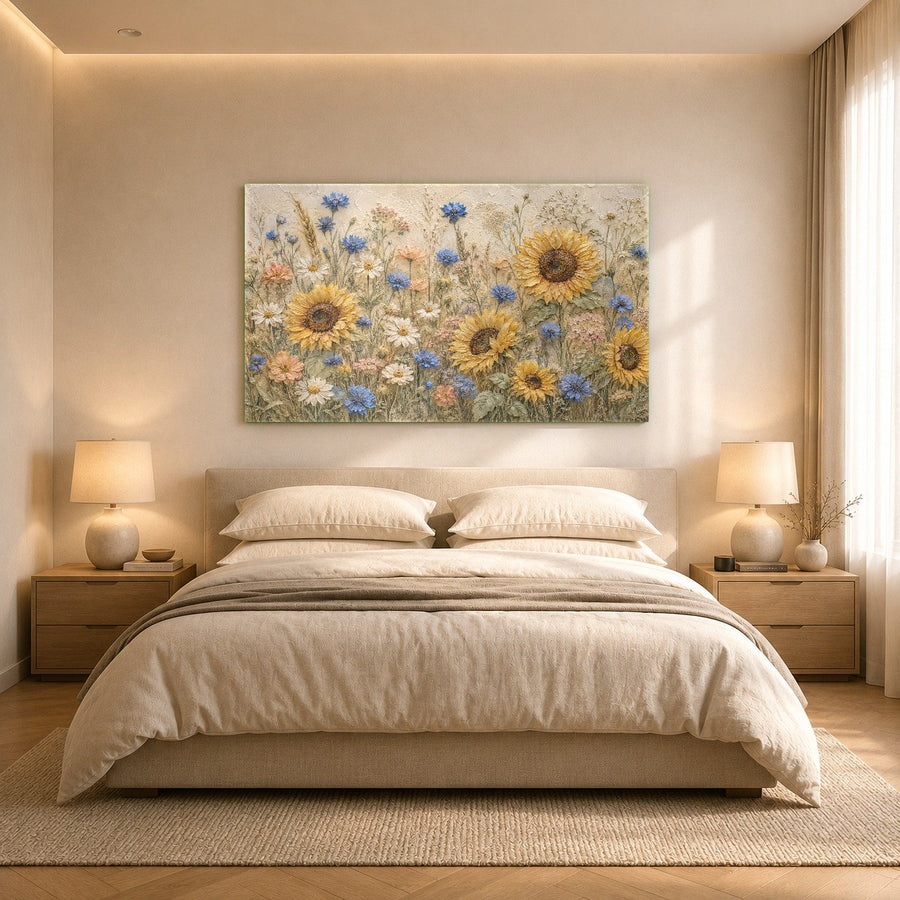 Tempered glass sunflower wall hanging styled in a cozy bohemian reading nook