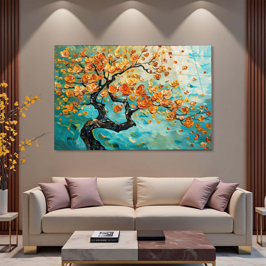 Decorative painting of a floral tree on a wall above a beige sofa with purple cushions.