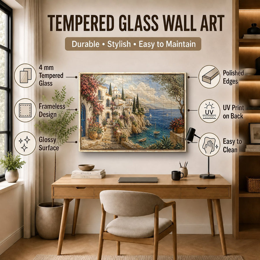Large tempered glass wall art showcasing Mediterranean views in an executive office