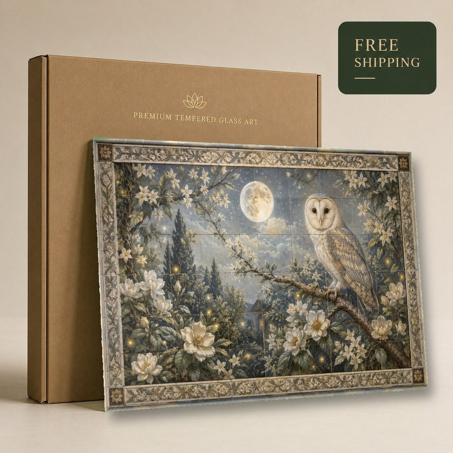 A modern entryway decorated with a large owl and moon glass print, illuminated by soft overhead spotlights.